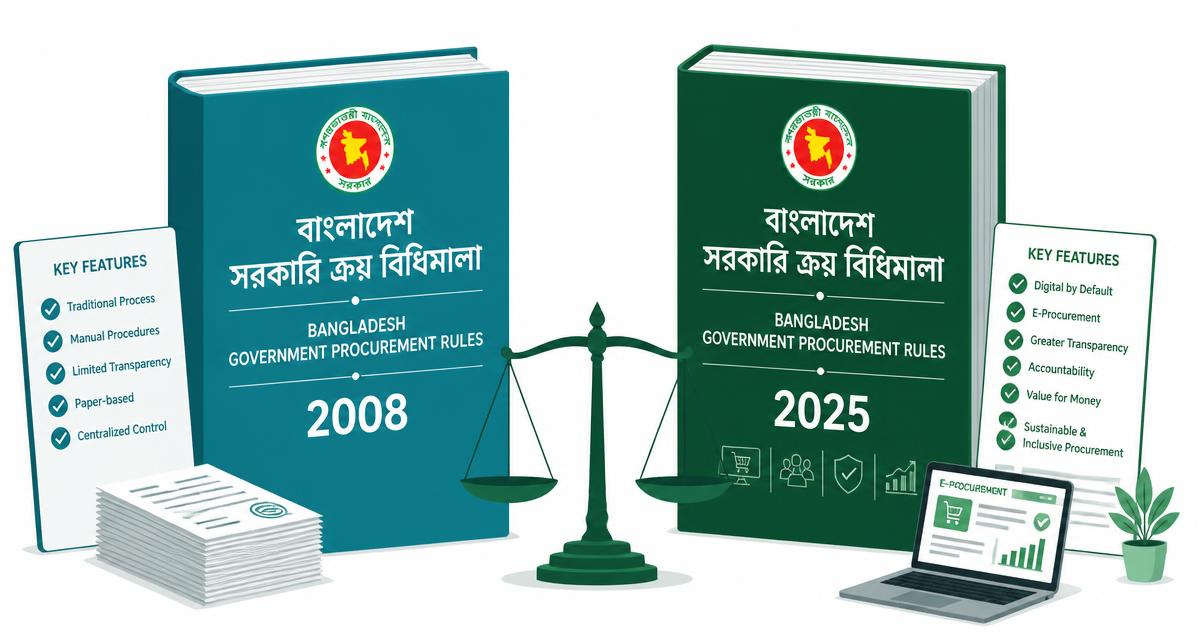 Bangladesh Public Procurement Rules 2008 and 2025 rulebooks compared side by side